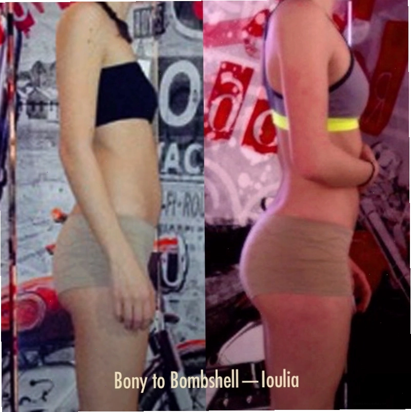 Ảnh trước và sau của một phụ nữ tăng cơ và tăng cân với Chương trình Bony to Bombshell