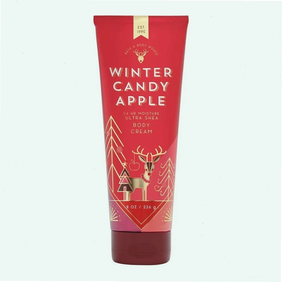 Bath & Body Works front packaging showing Winter Candy Apple 8 oz and festive label