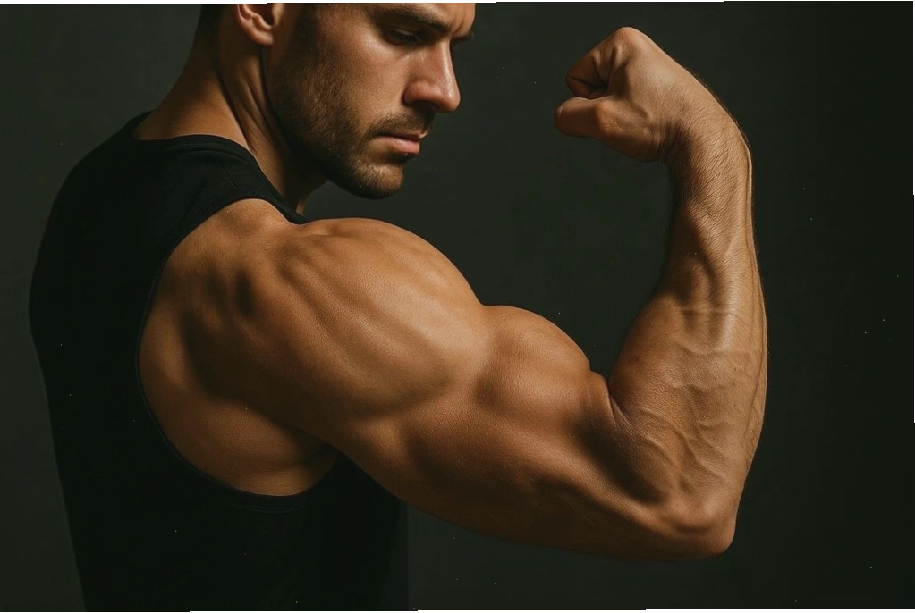Cận cảnh cánh tay và vai săn chắc của nam giới với body fat thấp