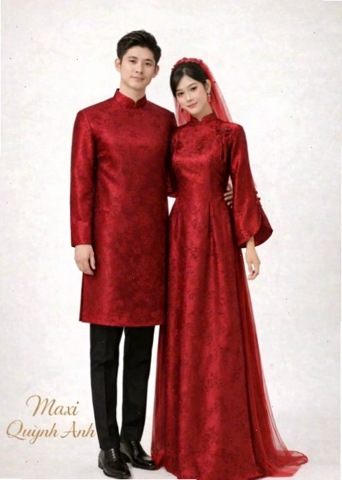 Cặp áo dài cưới gấm đỏ cao cấp với họa tiết tinh xảo