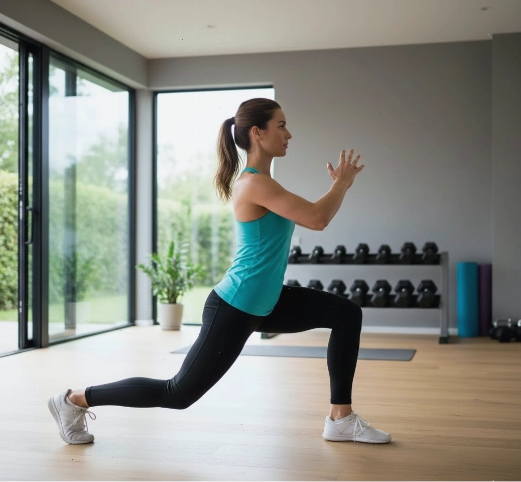 Chùng chân ngược kết hợp xoay thân đốt cháy calo và săn chắc eo
