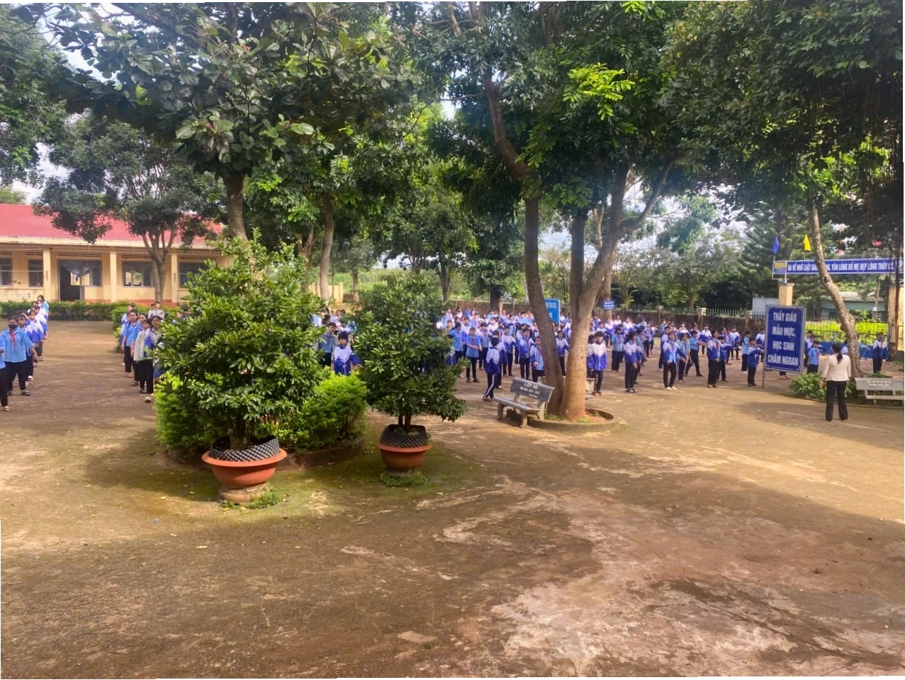 Đội ngũ giáo viên hướng dẫn học sinh tập thể dục giữa giờ