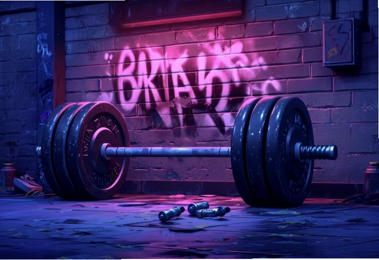 Hình ảnh graffiti trên tường phòng gym với hình ảnh tạ