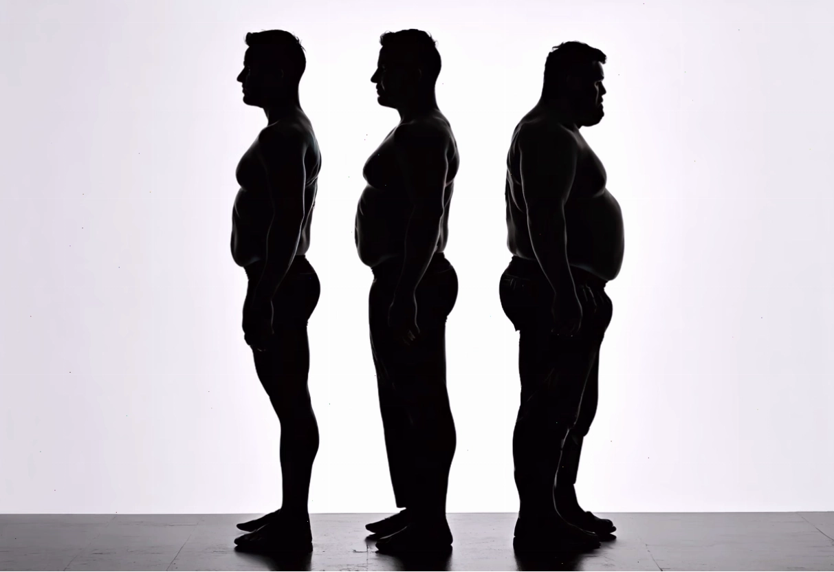 Hình ảnh minh họa ba người đàn ông có vóc dáng khác nhau để so sánh body fat