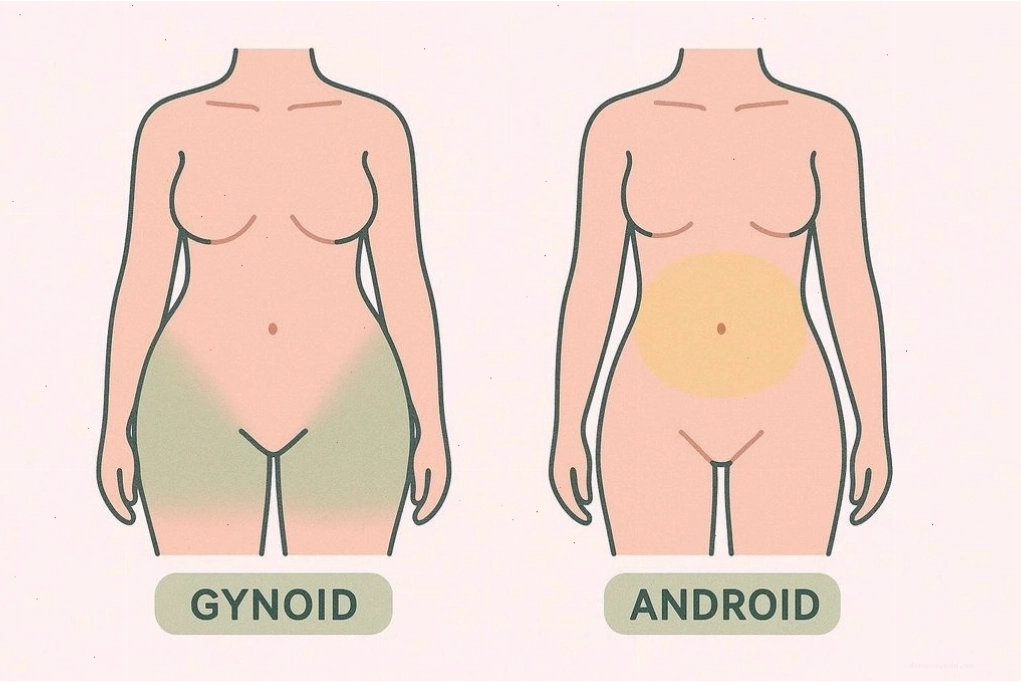 Hình minh họa so sánh phân bố mỡ Gynoid ở hông và đùi với mỡ Android ở bụng. Hình Gynoid có vùng màu xanh lá cây ở phần dưới cơ thể, hình Android có hình bầu dục màu vàng ở bụng.