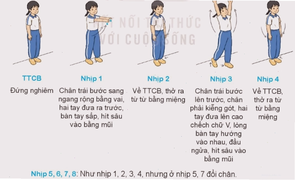 Học sinh thực hiện động tác vươn thở theo hướng dẫn