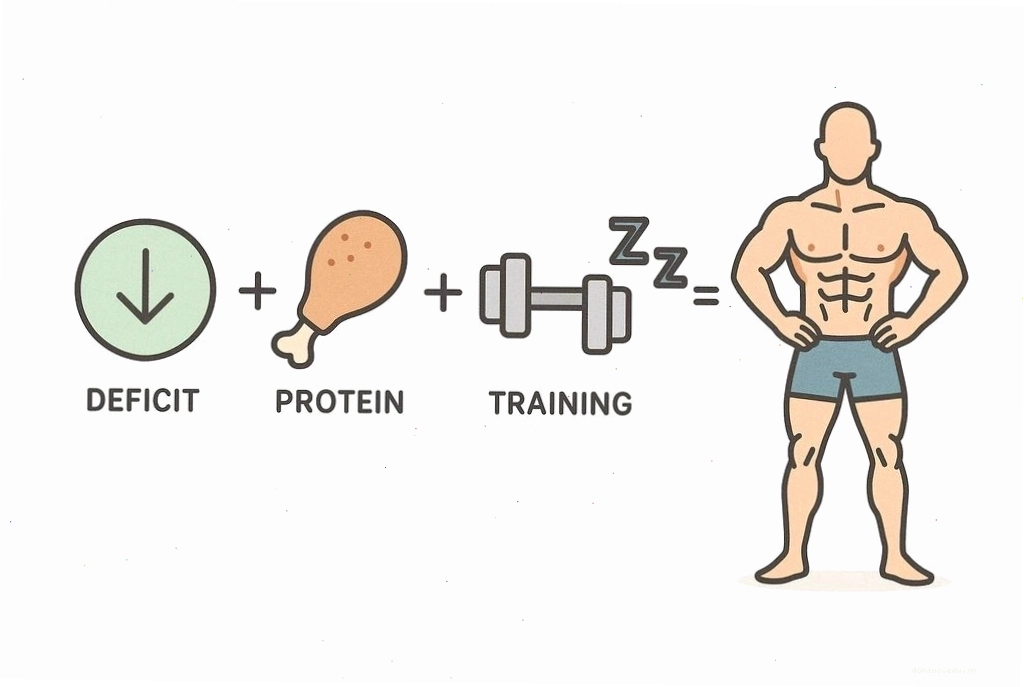 Infographic minh họa mối liên hệ giữa thâm hụt calo, protein, luyện tập và phục hồi với việc giảm mỡ và giữ cơ