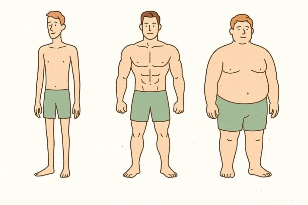 Minh họa ba loại hình thể nam giới: ectomorph mảnh khảnh, mesomorph cân đối, endomorph đầy đặn.