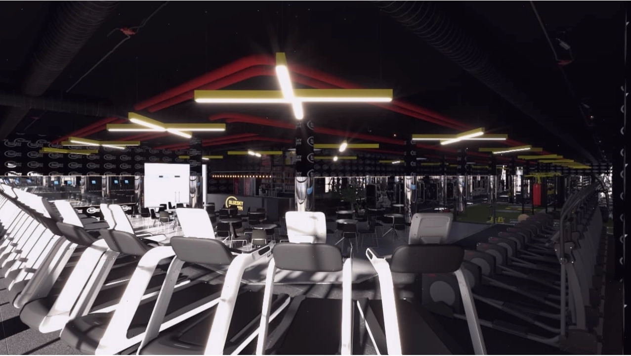 Mô hình 3D setup phòng tập gym chuyên nghiệp tại Blue Sky Gym Hoàng Hoa Thám