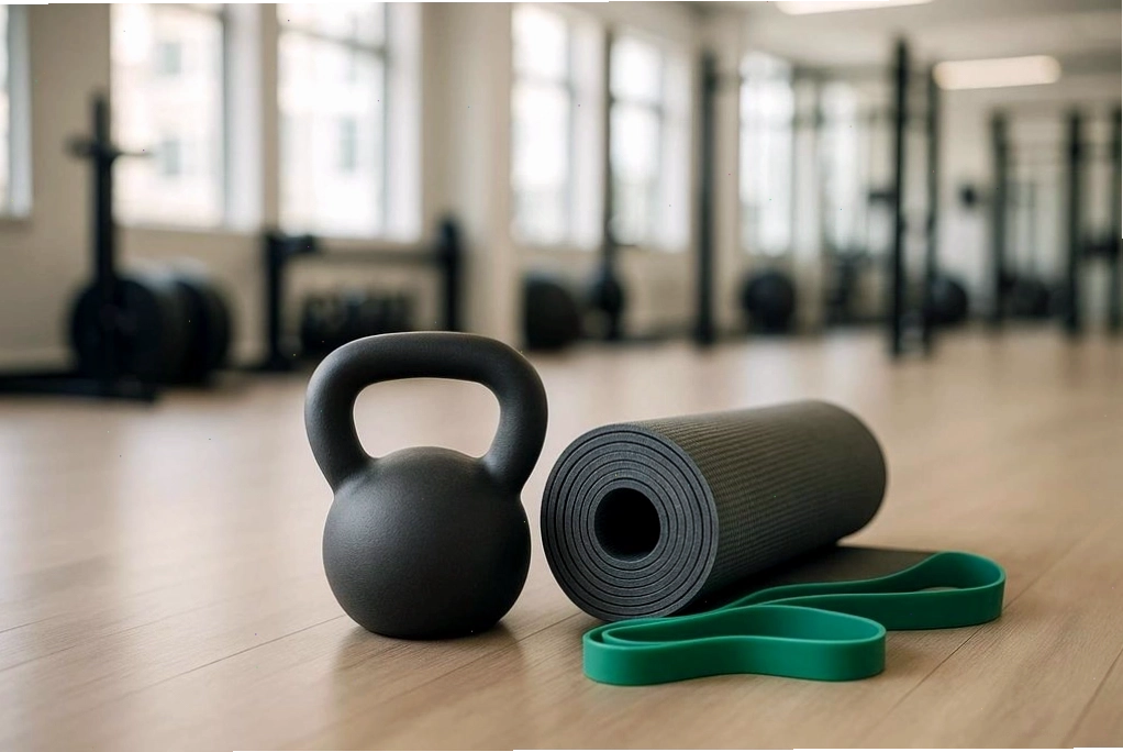 Một ấm ấm ấm đun nước màu đen, một tấm thảm tập yoga màu xám cuộn lại và một dây kháng lực màu xanh lá cây đặt trên sàn gỗ sáng màu trong một phòng tập thể dục sáng sủa. Các cửa sổ lớn ở bức tường phía sau cho thấy thiết bị tập luyện bị mờ.