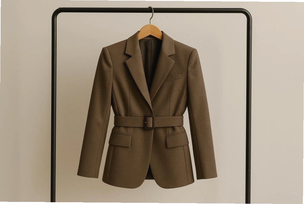 Một chiếc áo blazer màu nâu sẫm có dây đai, với khóa lớn và hai túi phía trước, được trưng bày trên móc treo gỗ.