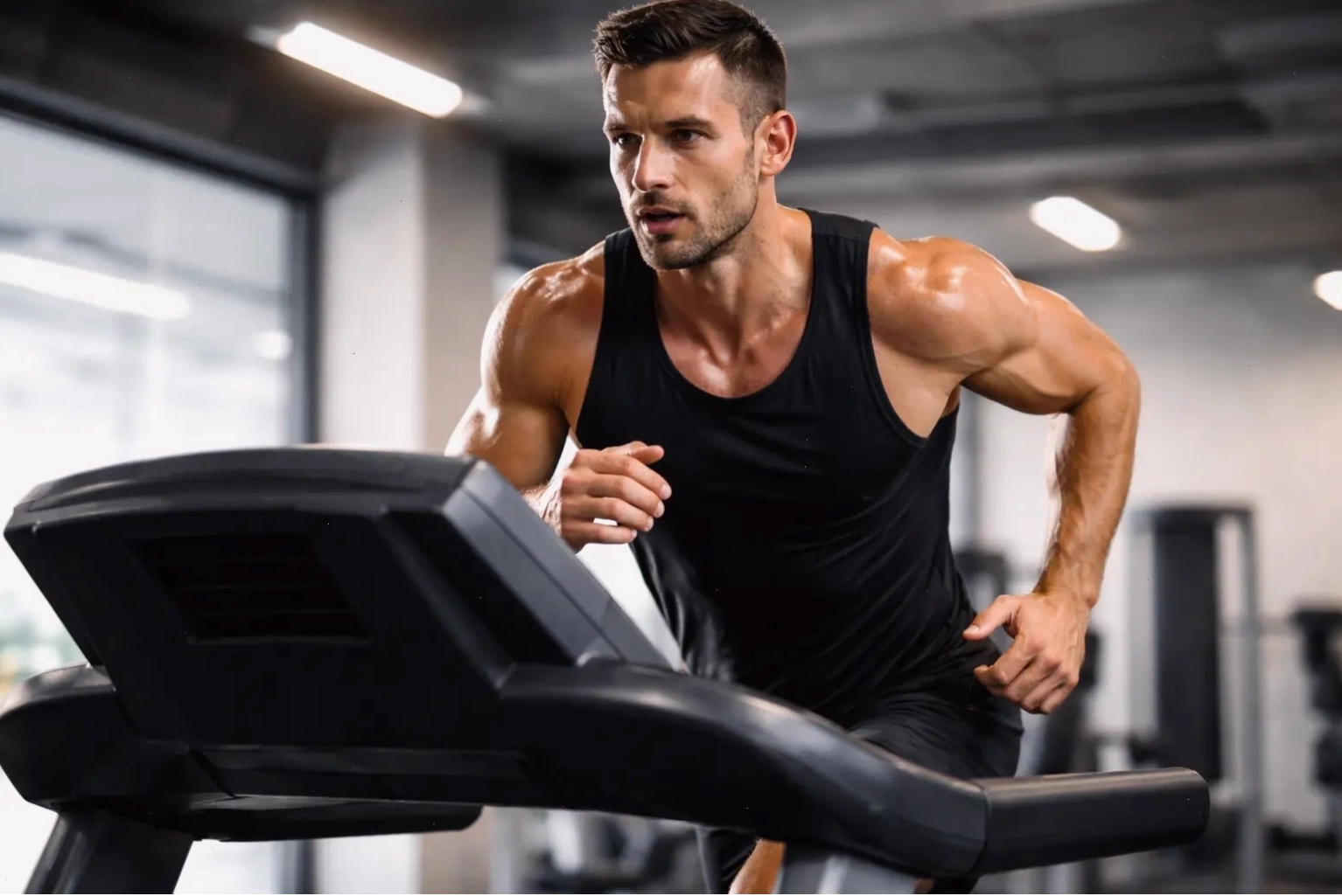 Nam giới tập luyện trên máy chạy bộ trong phòng gym