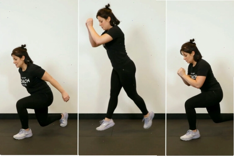 Nam giới thực hiện động tác nhảy tấn (Jump Lunges)