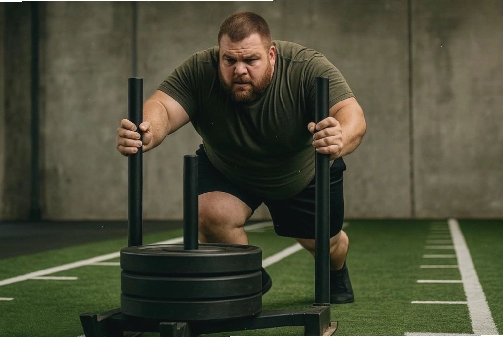 Người đàn ông có vóc dáng endomorph đang đẩy tạ nặng trong phòng gym.