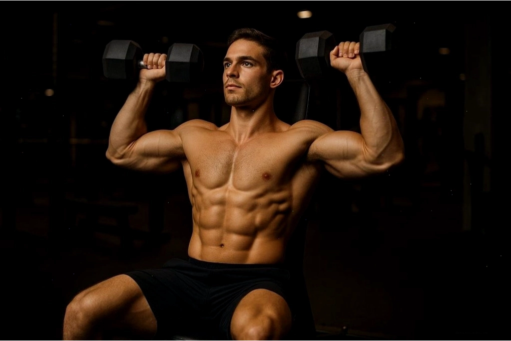 Người đàn ông lực lưỡng thuộc loại hình mesomorph đang tập tạ trong phòng gym