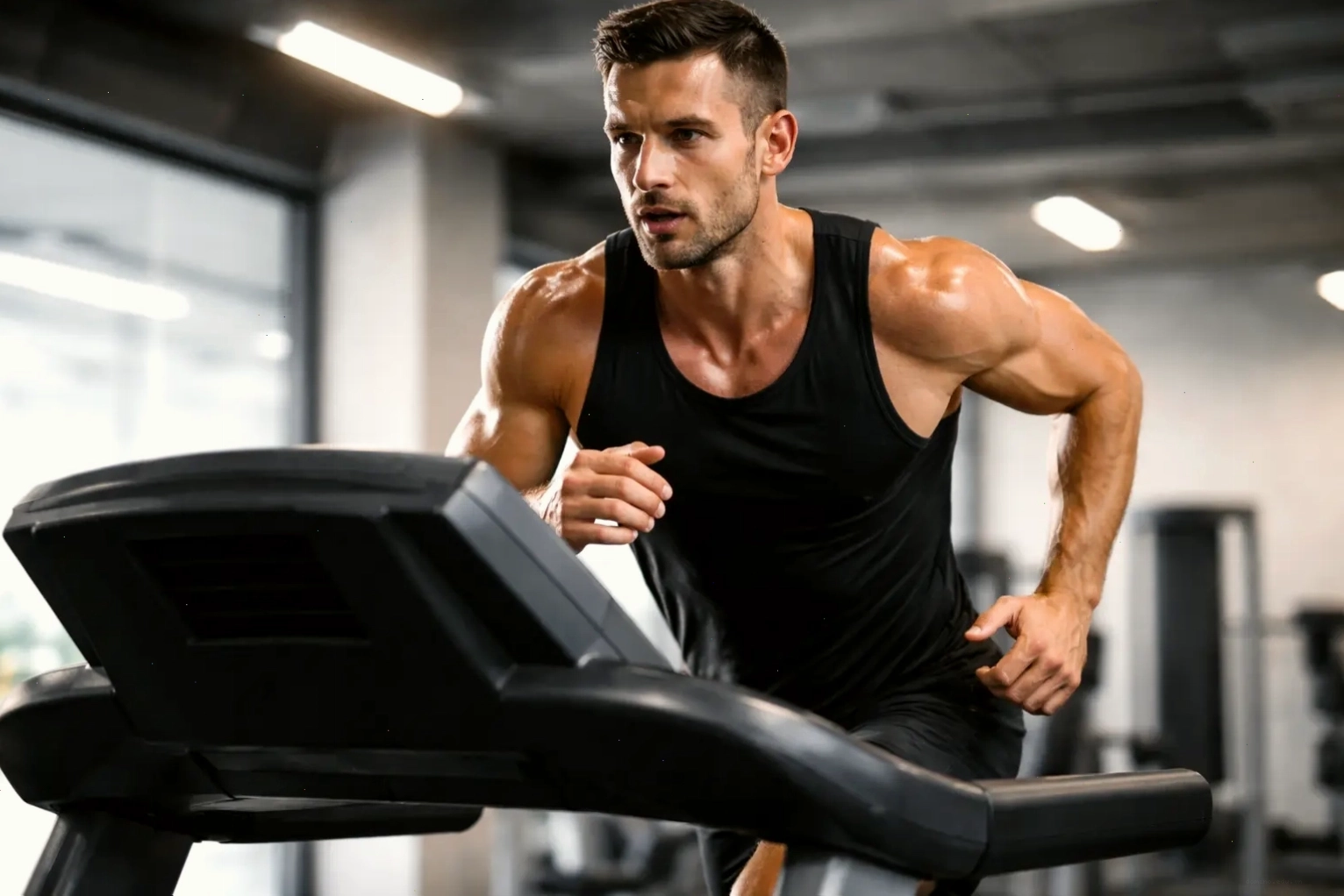 Người đàn ông tập luyện trên máy chạy bộ trong phòng gym