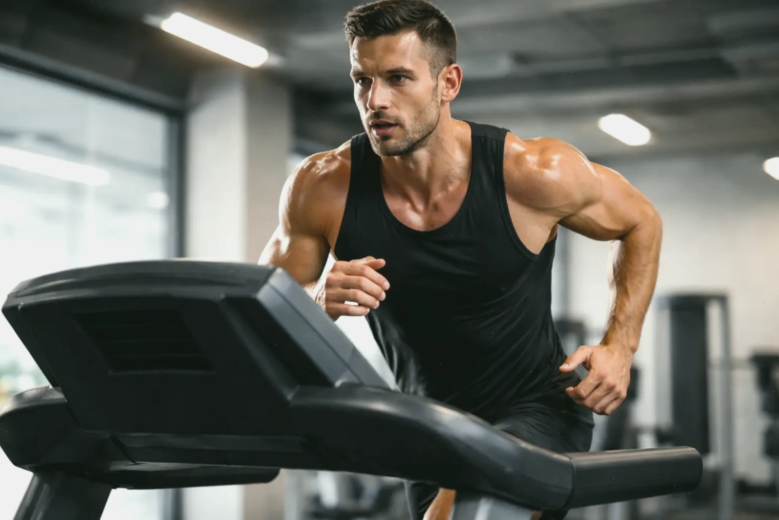 Người đàn ông tập luyện trên máy chạy bộ trong phòng gym