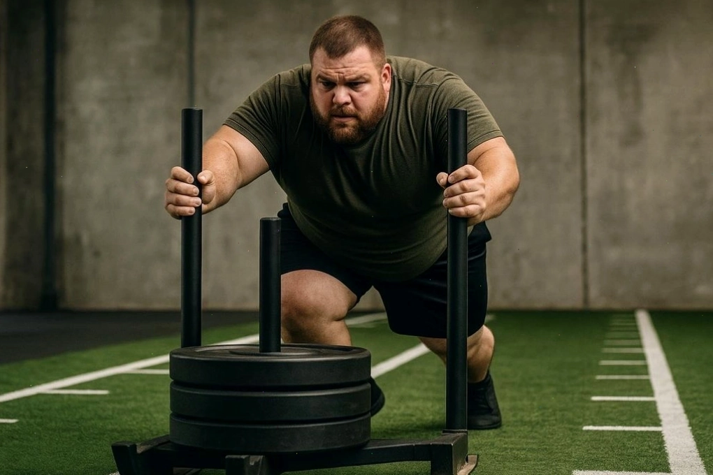 Người tập thể hình Endomorph đẩy xe tạ
