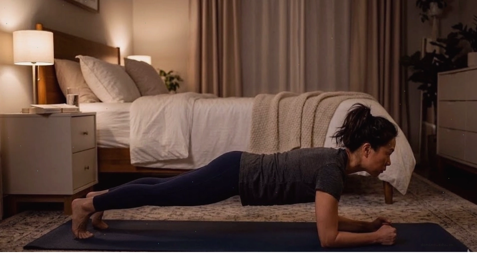Phụ nữ thực hiện bài tập plank trước khi ngủ để giảm mỡ bụng