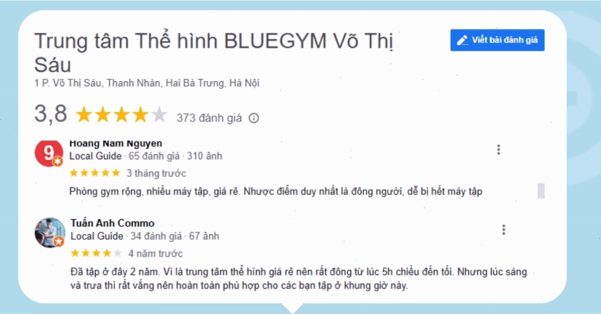 Review của khách hàng về phòng tập Blue Gym cho thấy sự hài lòng về các dịch vụ