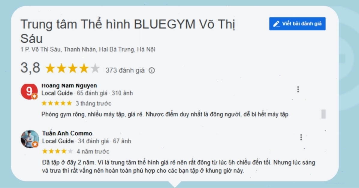 Review của khách hàng về phòng tập Blue Gym