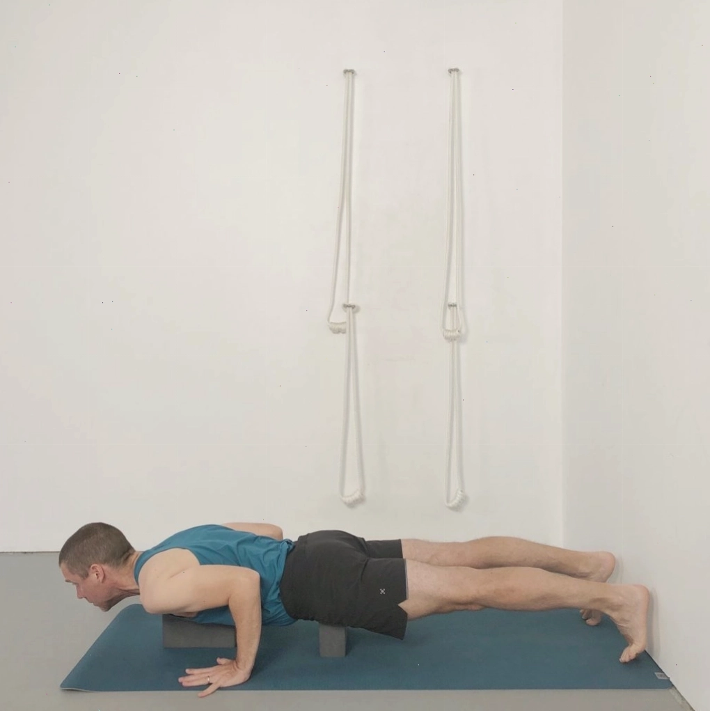 Tập Chaturanga với khối yoga dưới ngực và xương chậu