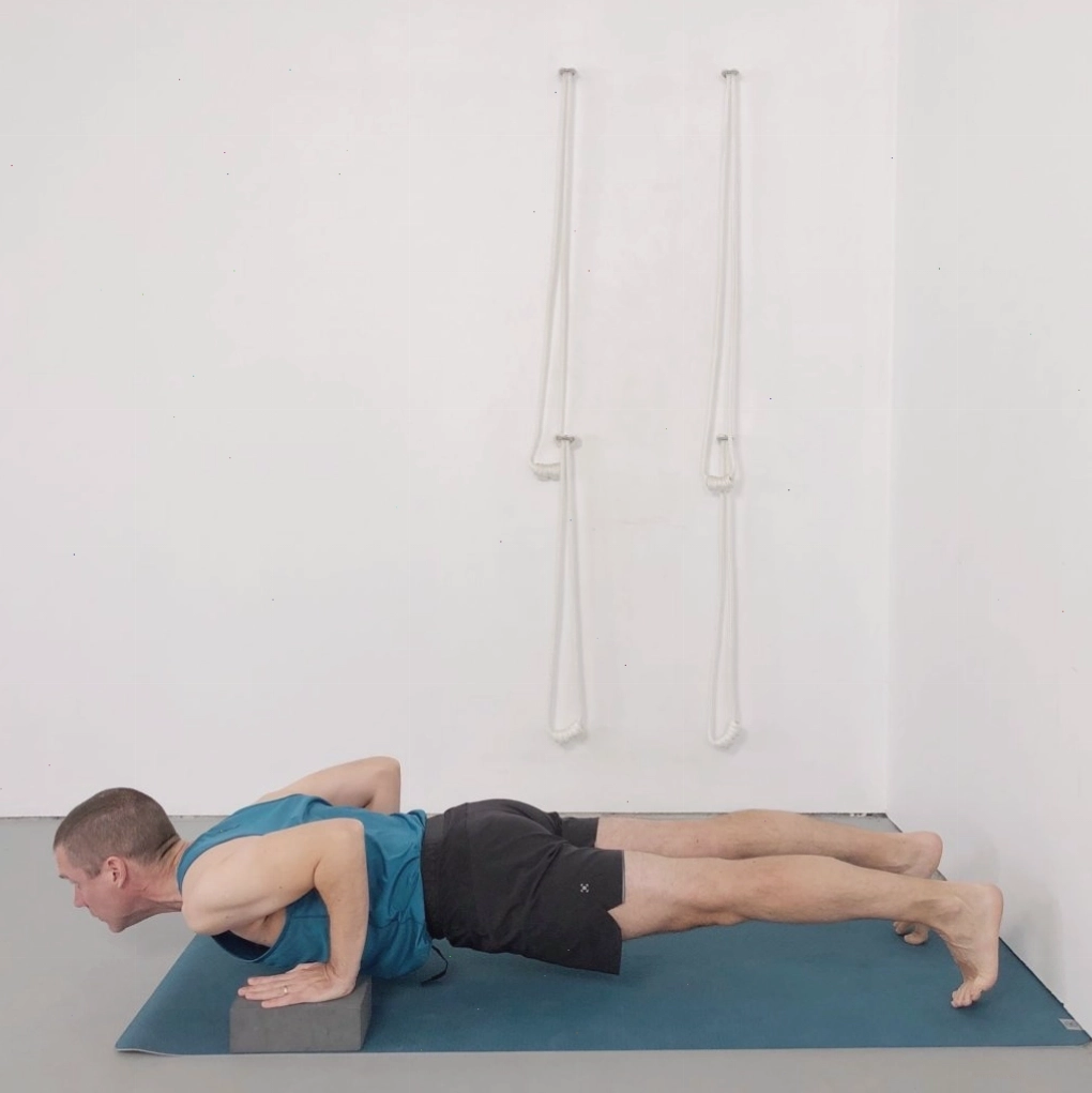 Tư thế Chaturanga với tay đặt trên khối yoga