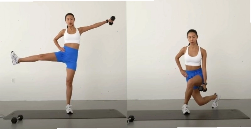 Tư thế thực hiện bài tập Curtsy Side Raise (Right)